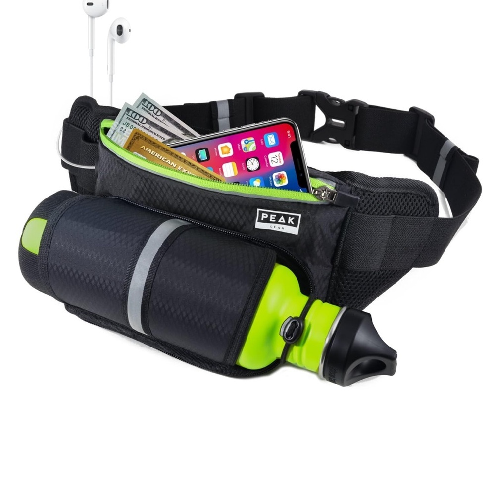 Peak Gear Waist Pack and Water Bottle Belt -- Hydration fanny pack black/neon
